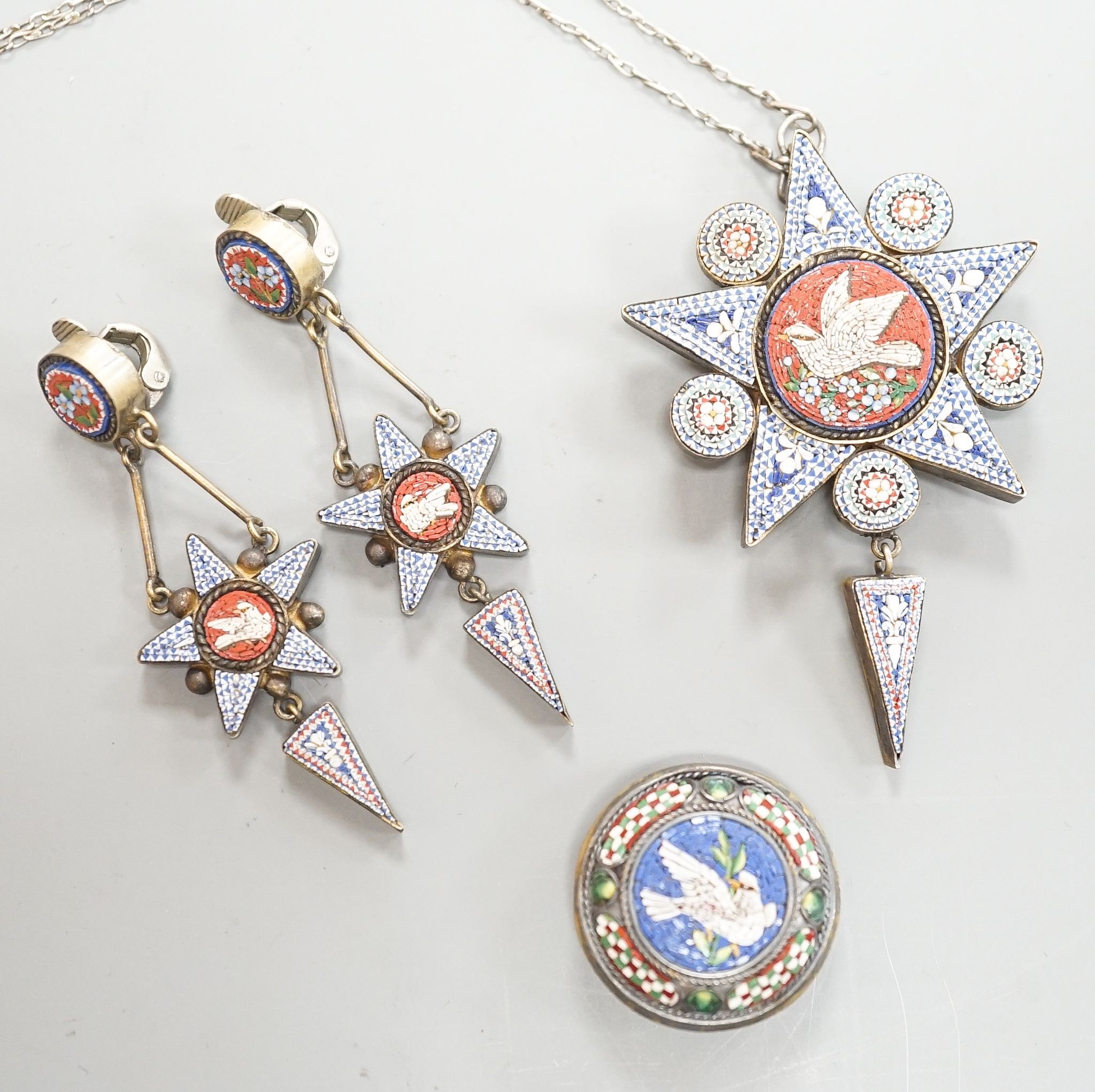 A 19th century Italian gilt metal and micro-mosaic drop pendant on chain, pendant 6cm and a pair of matching drop earrings and a micro-mosaic button